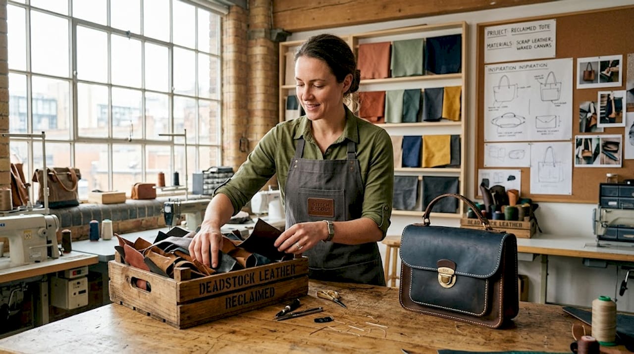 Craftsperson assembling upcycled handbag in workshop