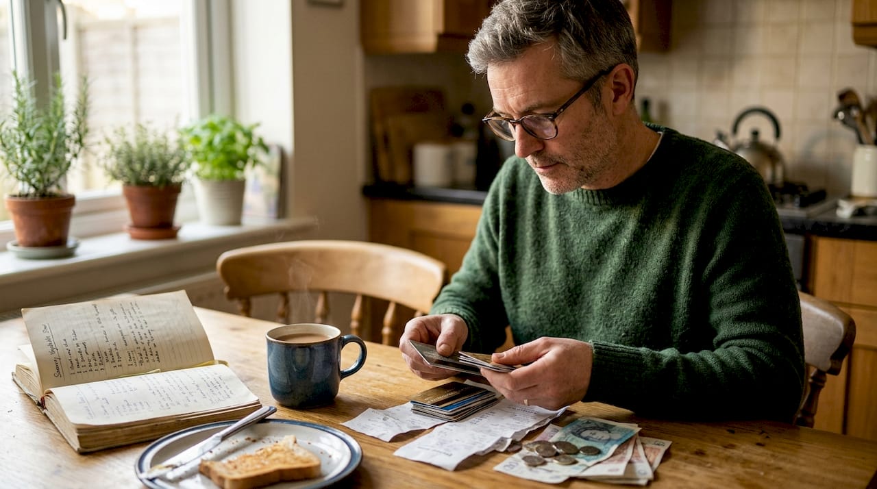 Man sorting wallet items in home office