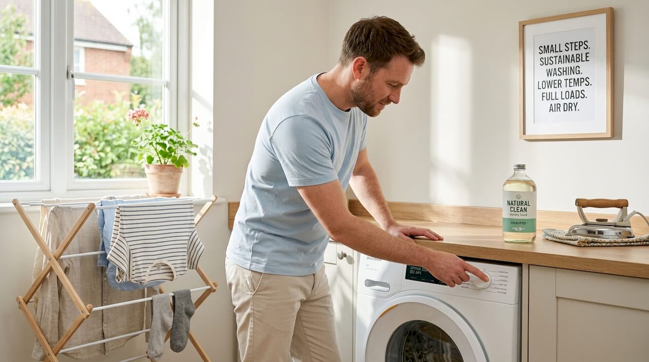 Man starts laundry with eco-friendly habits
