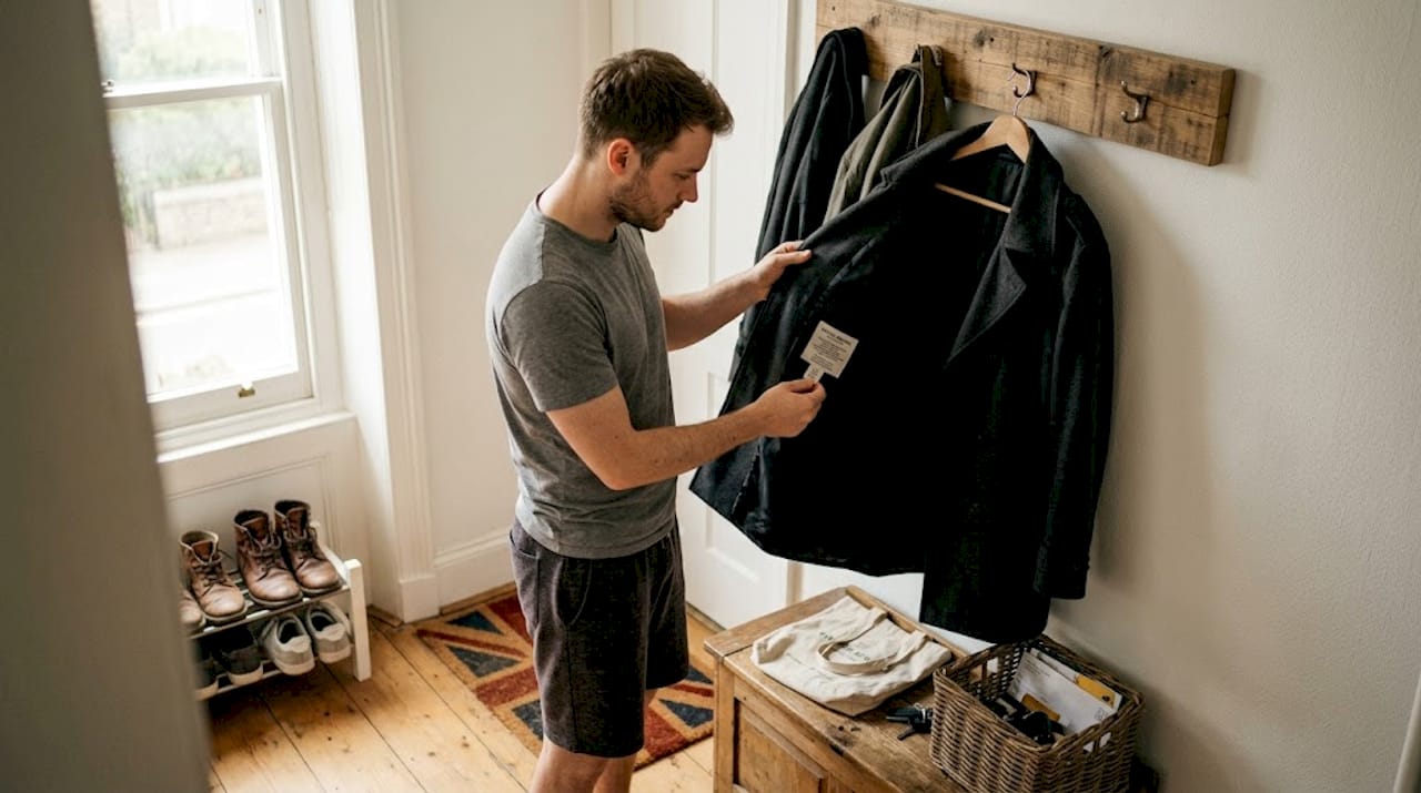 Man checking vegan trench coat inner lining