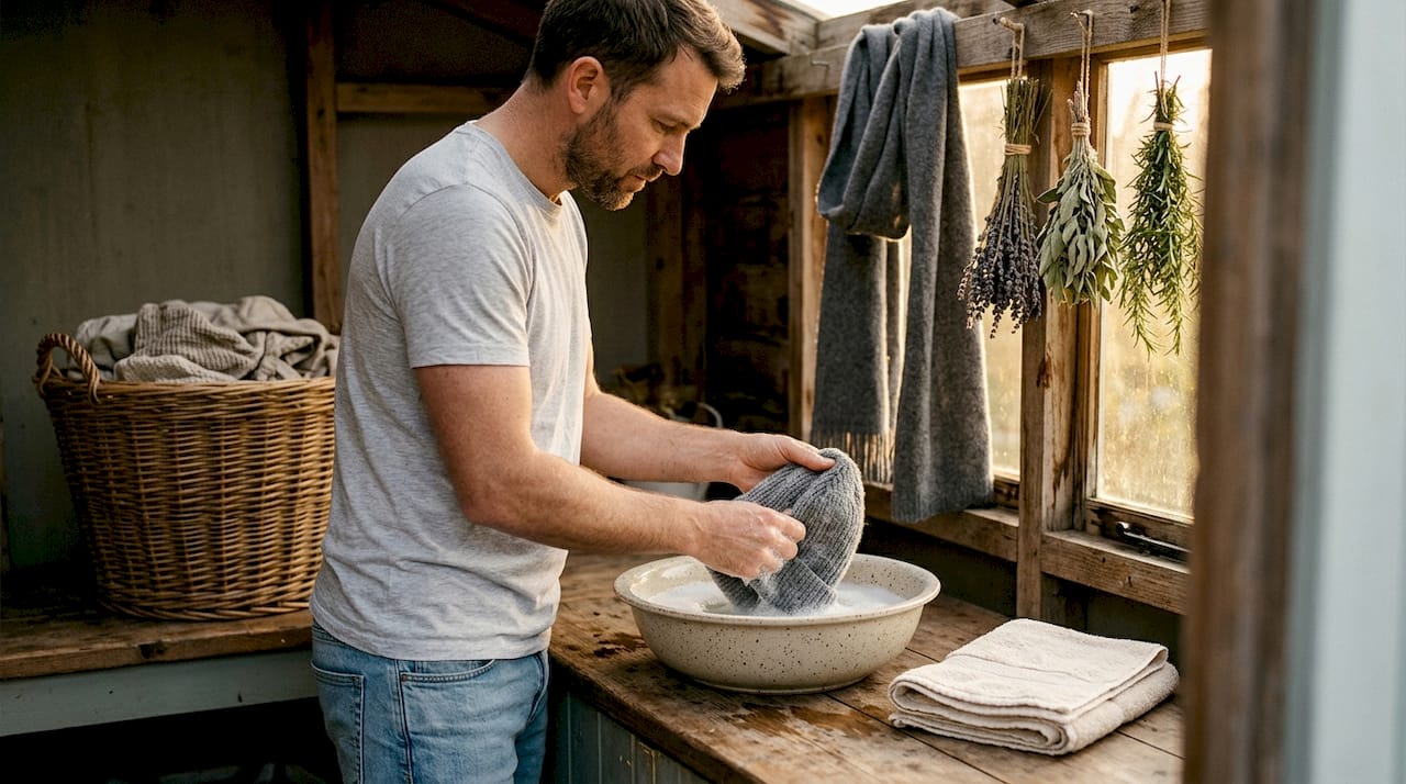 Man handwashing merino wool beanie in laundry room