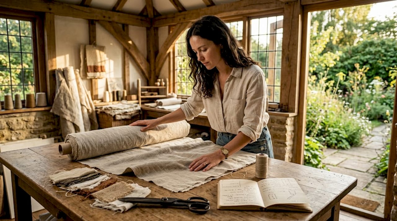 Designer examines roll of linen fabric in studio