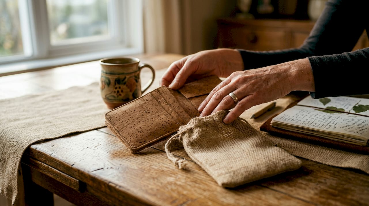 Hands inspecting eco-friendly accessory materials