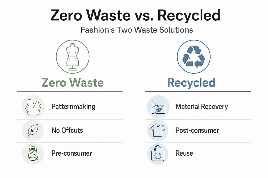Zero waste versus recycled fashion comparison infographic