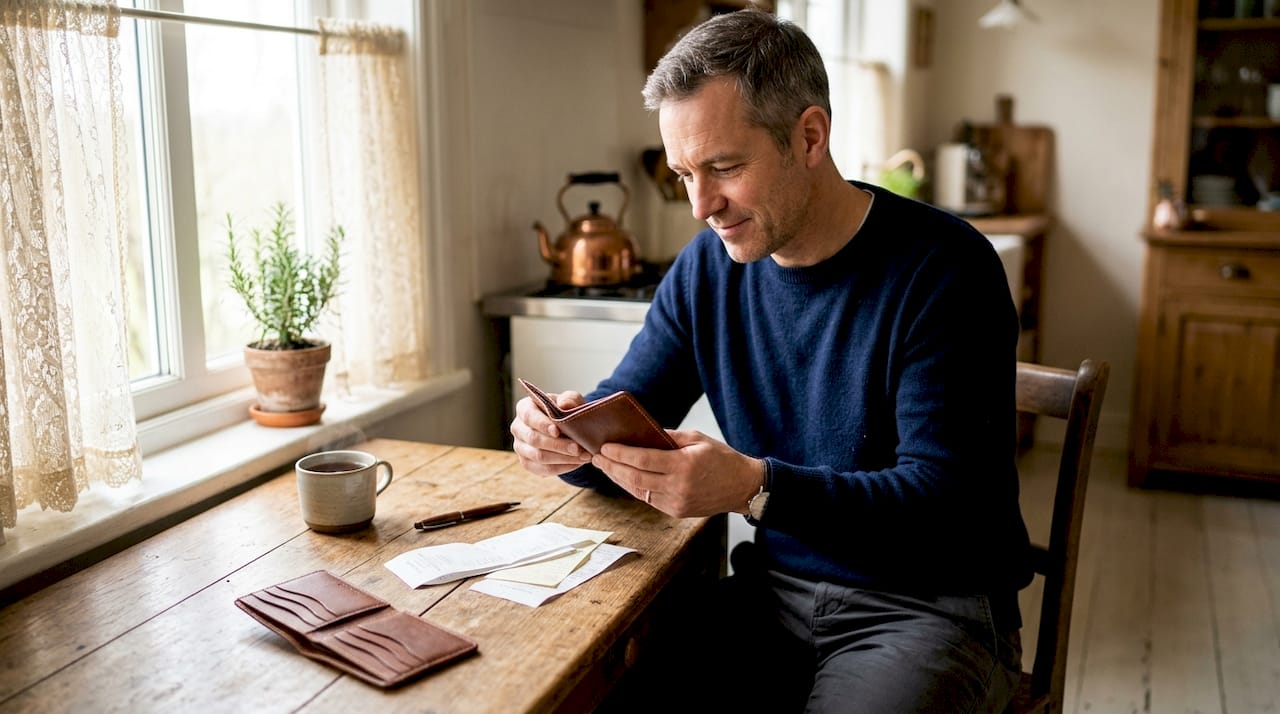 Man reviewing apple leather wallet stitching
