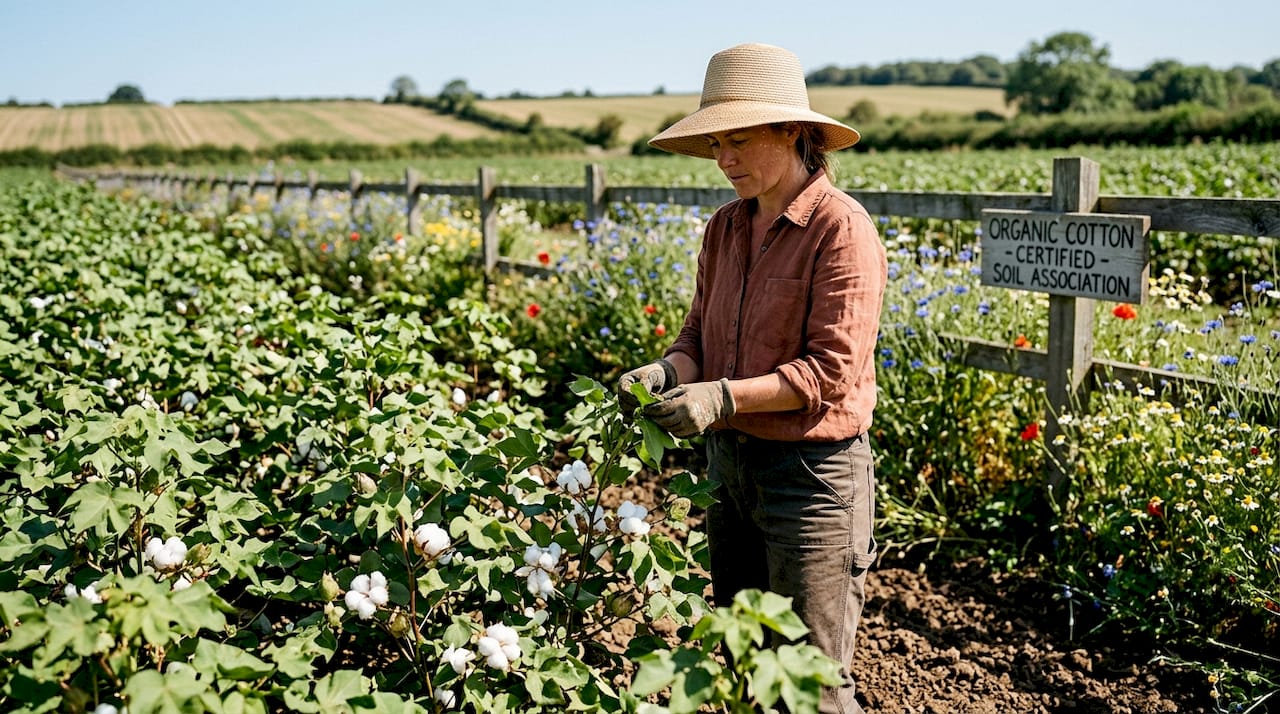 Farmer tending organic cotton field at sunrise