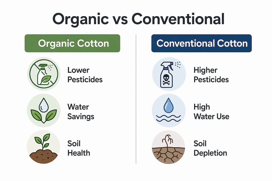 Infographic comparing organic and conventional cotton impacts