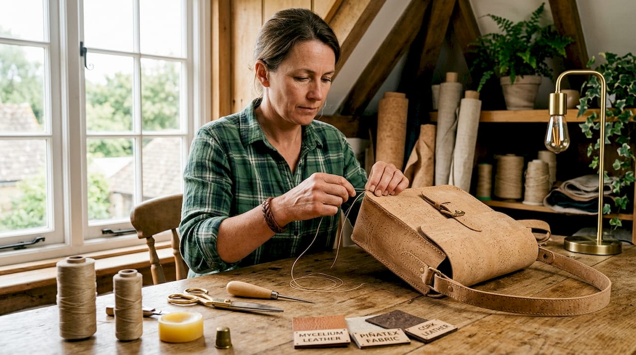 Close-up of hands stitching cork handbag
