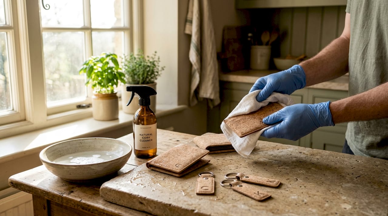 Hands cleaning cork accessories on wooden counter