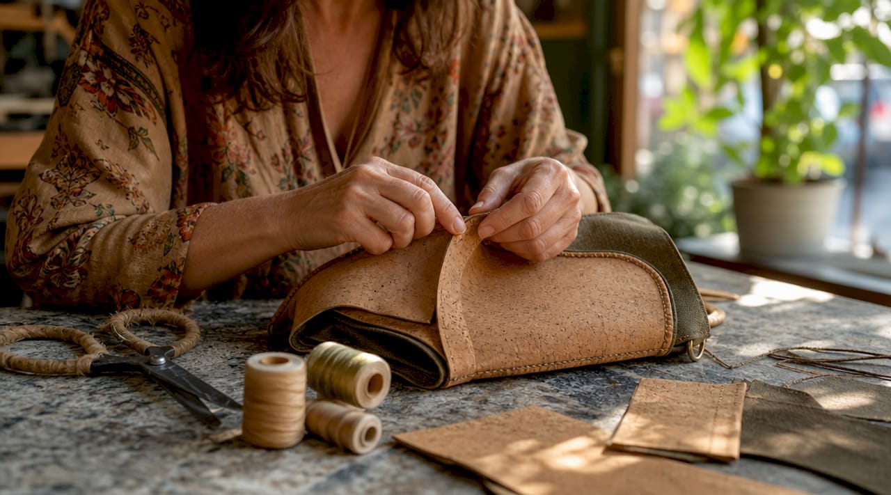 Hands crafting vegan cork handbag in workshop
