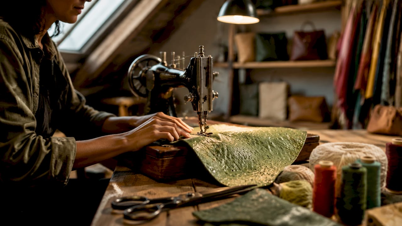 Hands sewing cactus leather in workshop