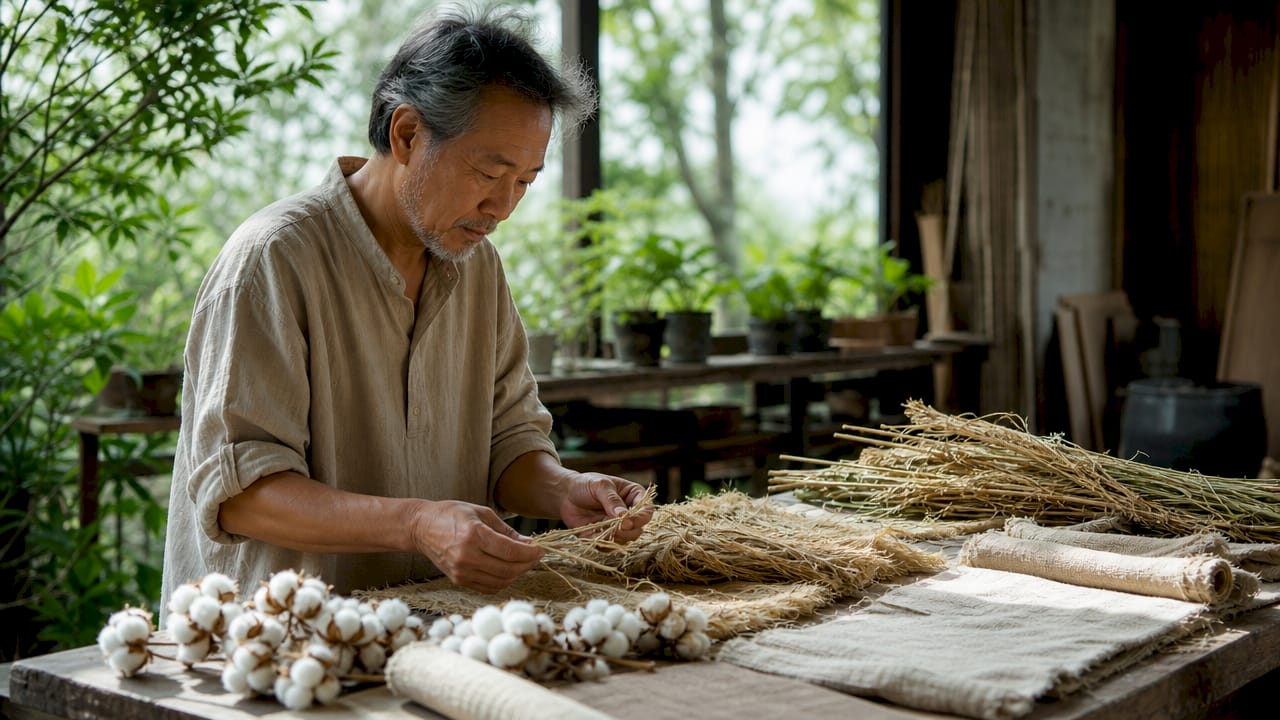 Hands examining cotton hemp linen fibers