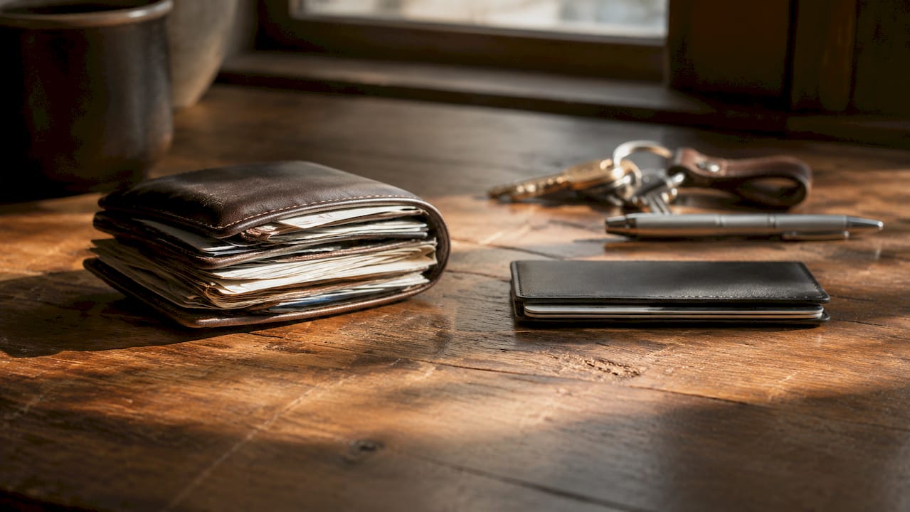Top-down shot comparing traditional and minimalist wallets