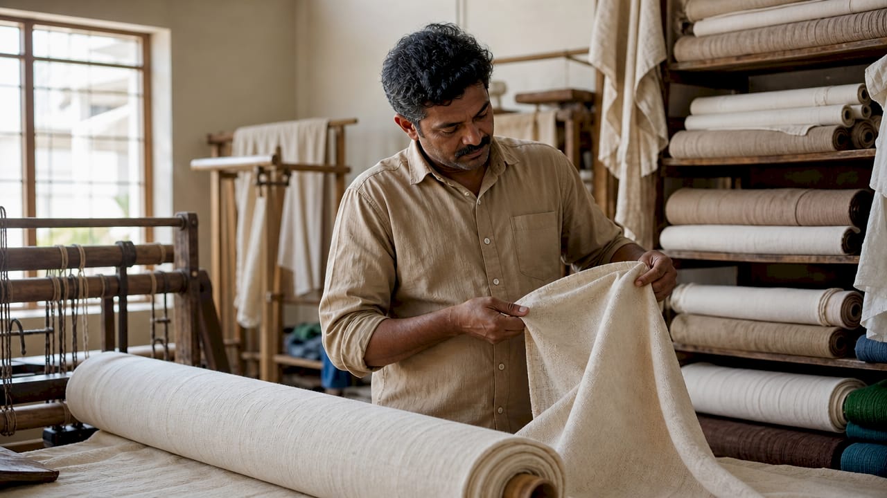Hands inspecting certified organic cotton fabric