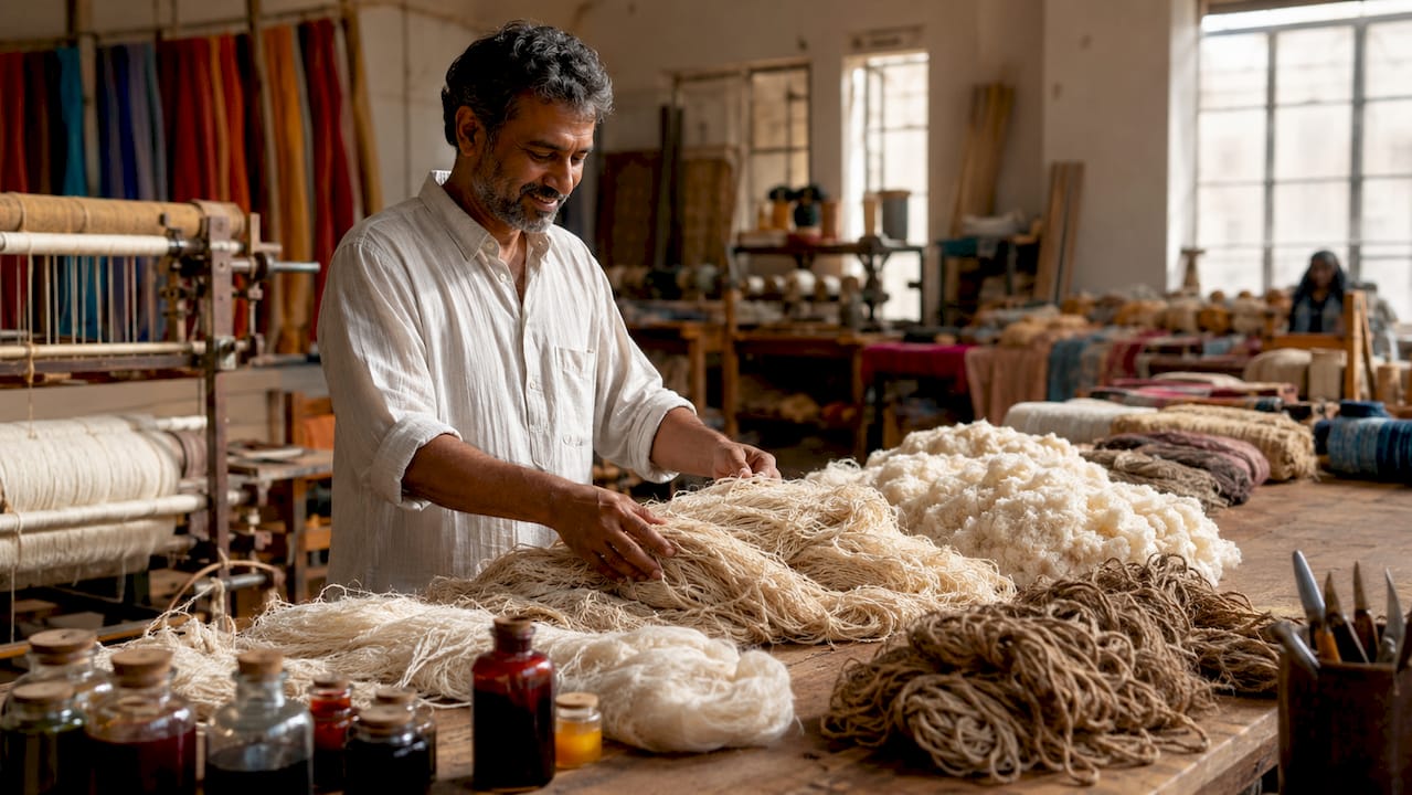 Hands handling regenerative hemp and cotton fibers