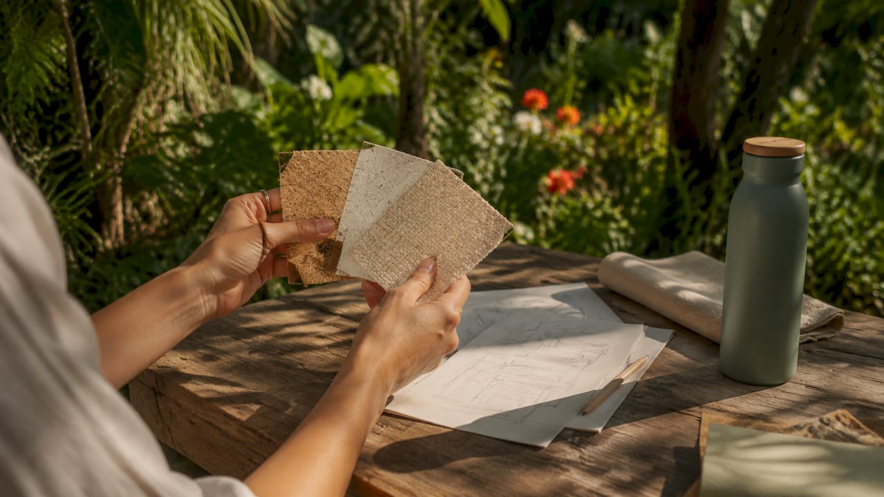 Hands holding vegan material swatches