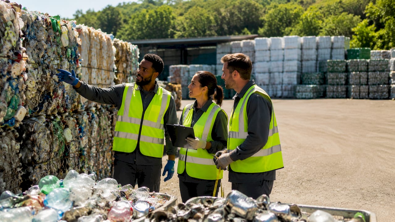 Factory workers inspecting recycled materials indoors