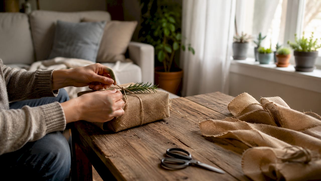 Hands wrapping sustainable gift with kraft paper and ribbon
