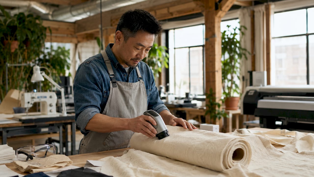 Technician inspecting eco fabric in factory