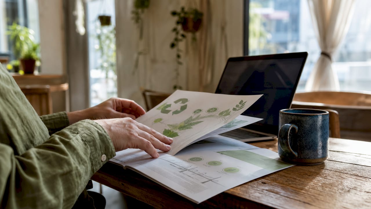 Hands flipping through eco certification manual pages