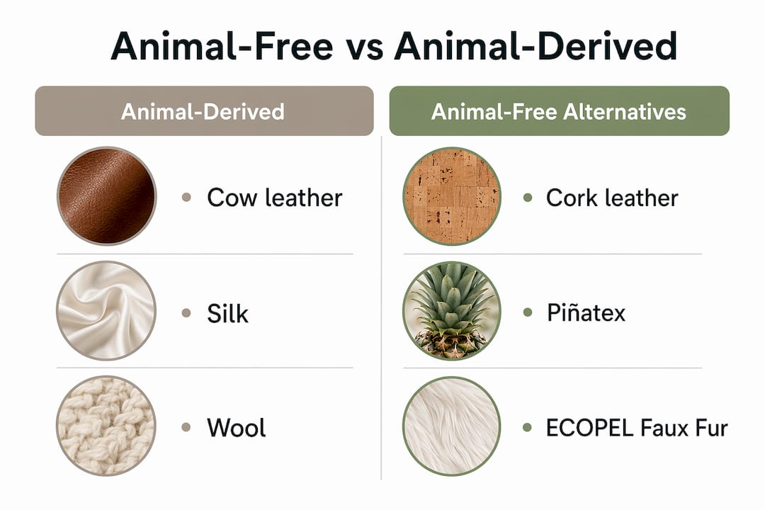 Infographic comparing animal-derived materials and animal-free alternatives