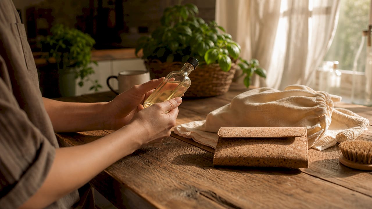 Hands holding plant-based cleaner by accessories