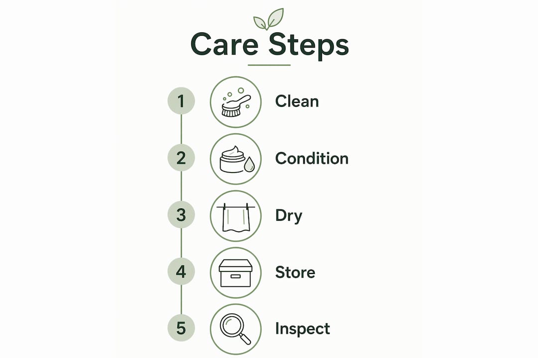 Infographic illustrating care steps for sustainable accessories