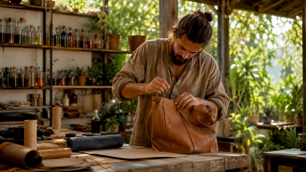 Hands crafting vegan leather bag in workshop