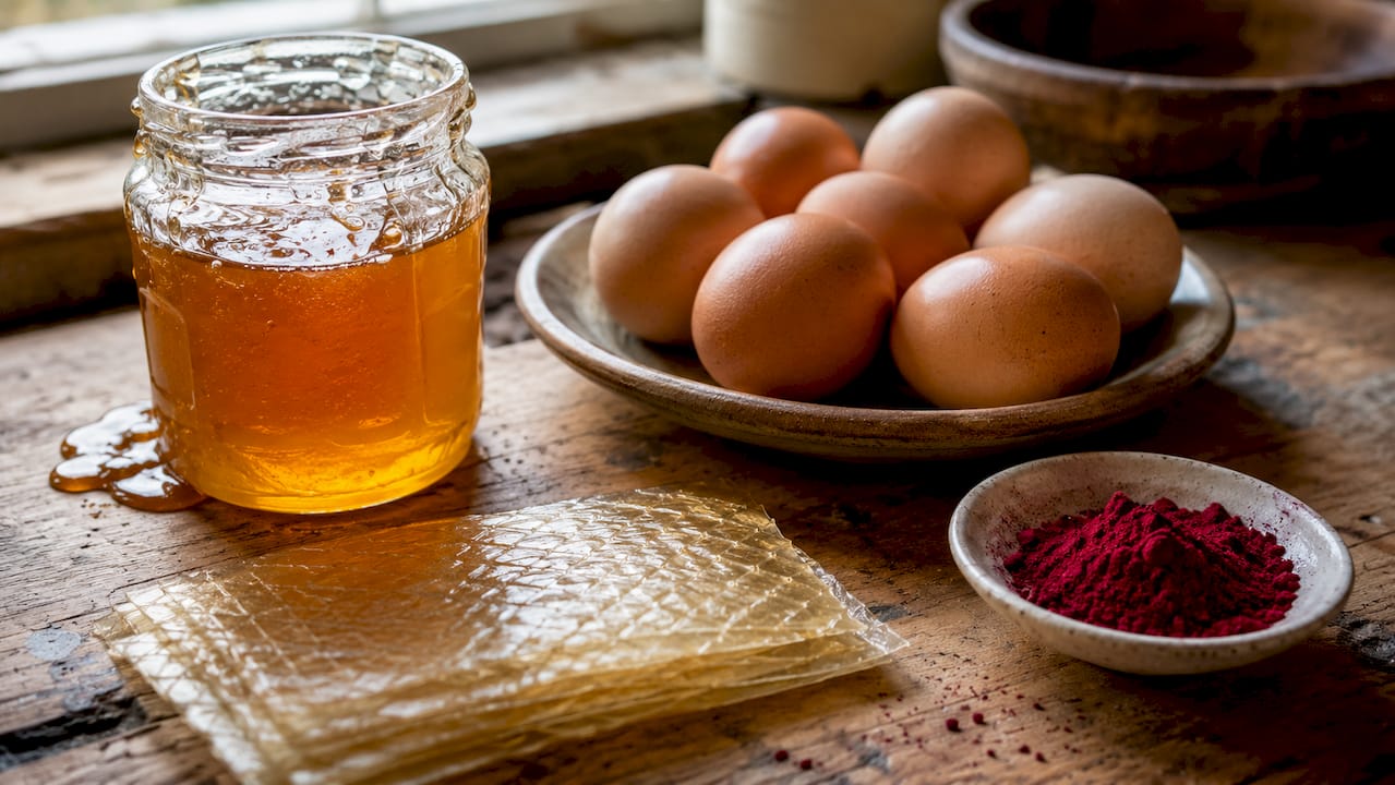Close-up of non-vegan ingredients on wooden table