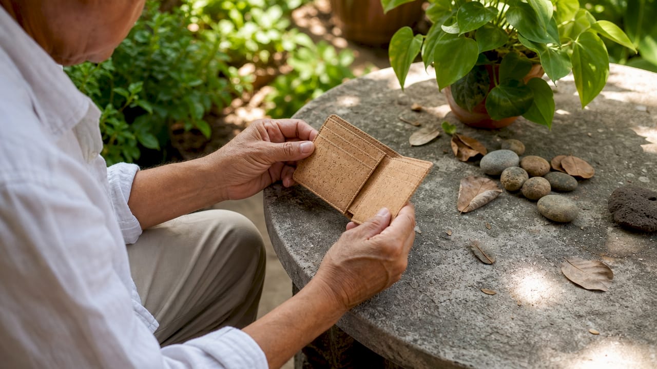 Hands inspecting fair trade cork wallet closely
