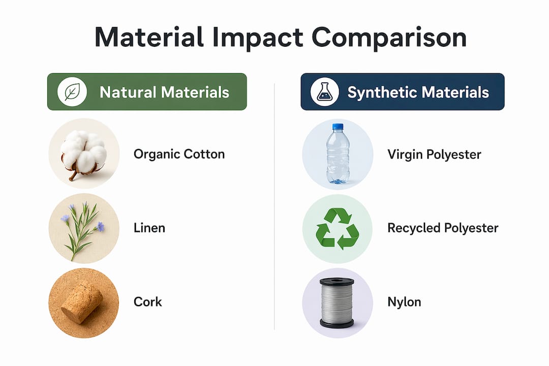 Infographic comparing environmental impact of natural and synthetic accessory materials