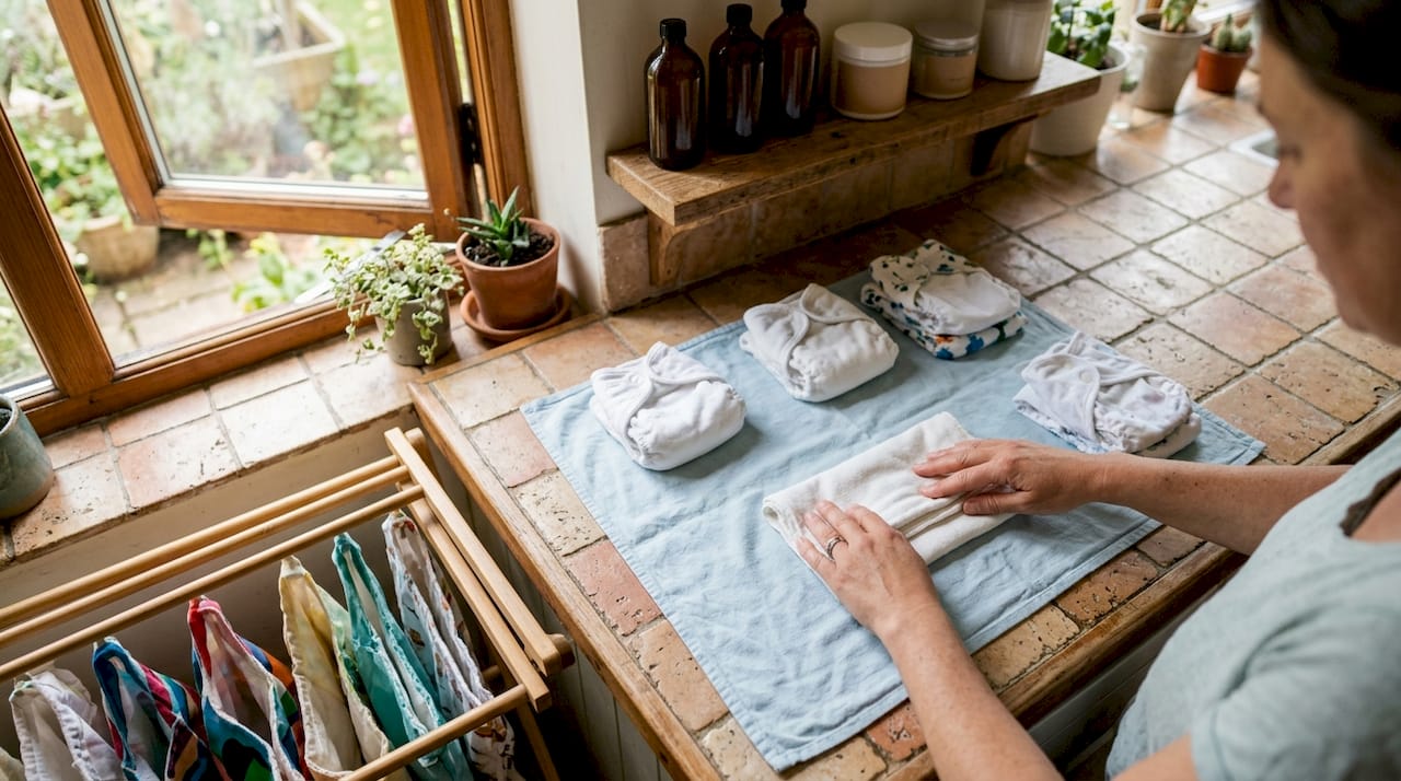 Hands placing reusable nappies in laundry basket