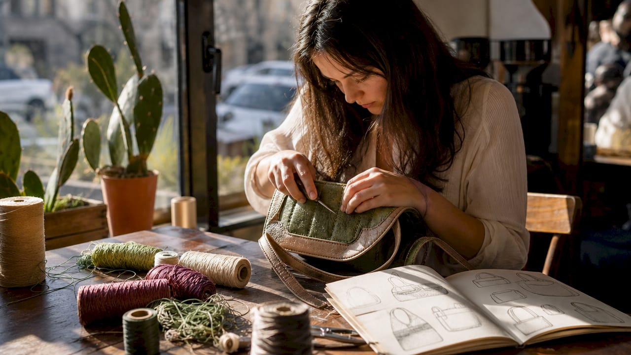 Hands assembling vegan leather handbag at workspace