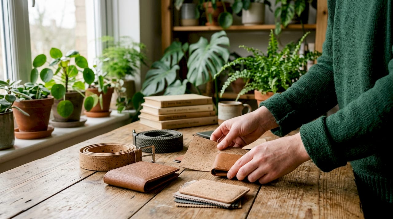 Hands examining vegan accessory materials