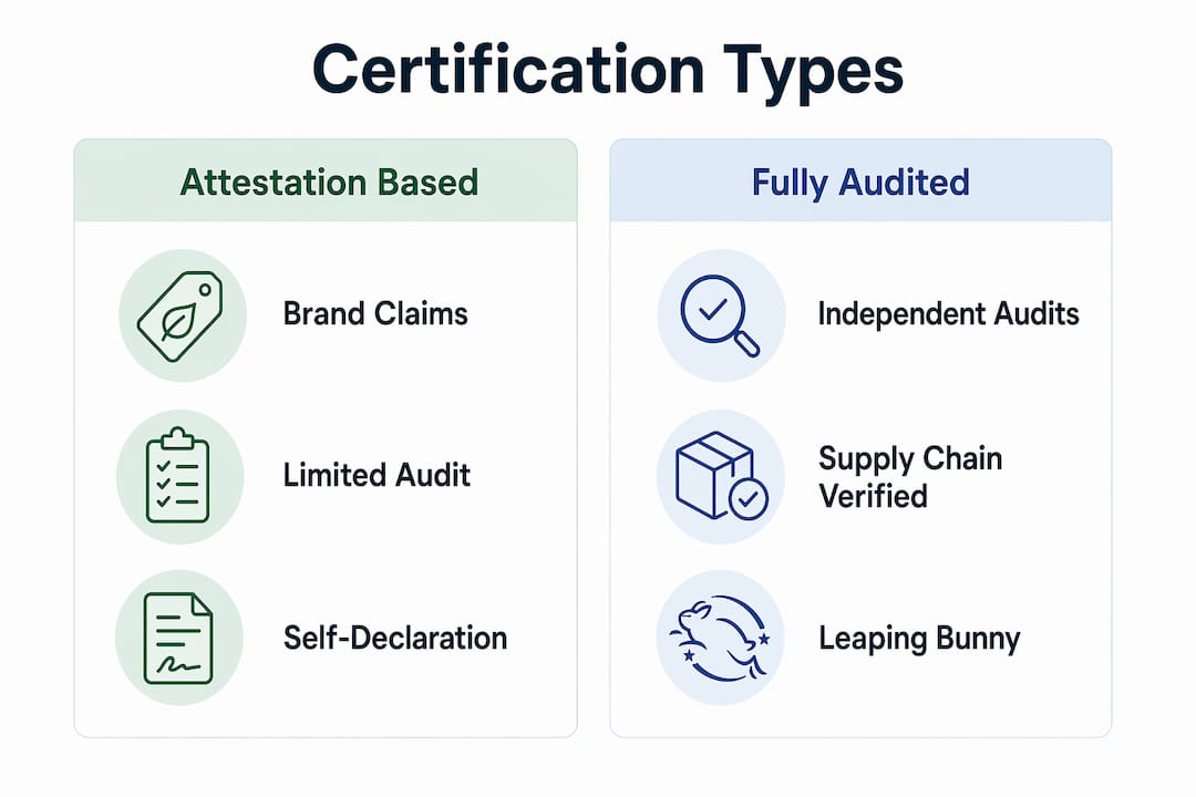 Infographic comparing attestation-based vs fully audited cruelty-free certifications