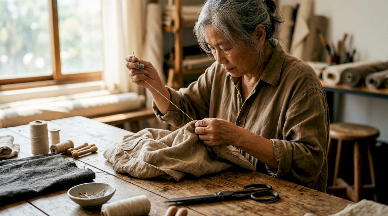 Close-up of hands sewing slow fashion garment