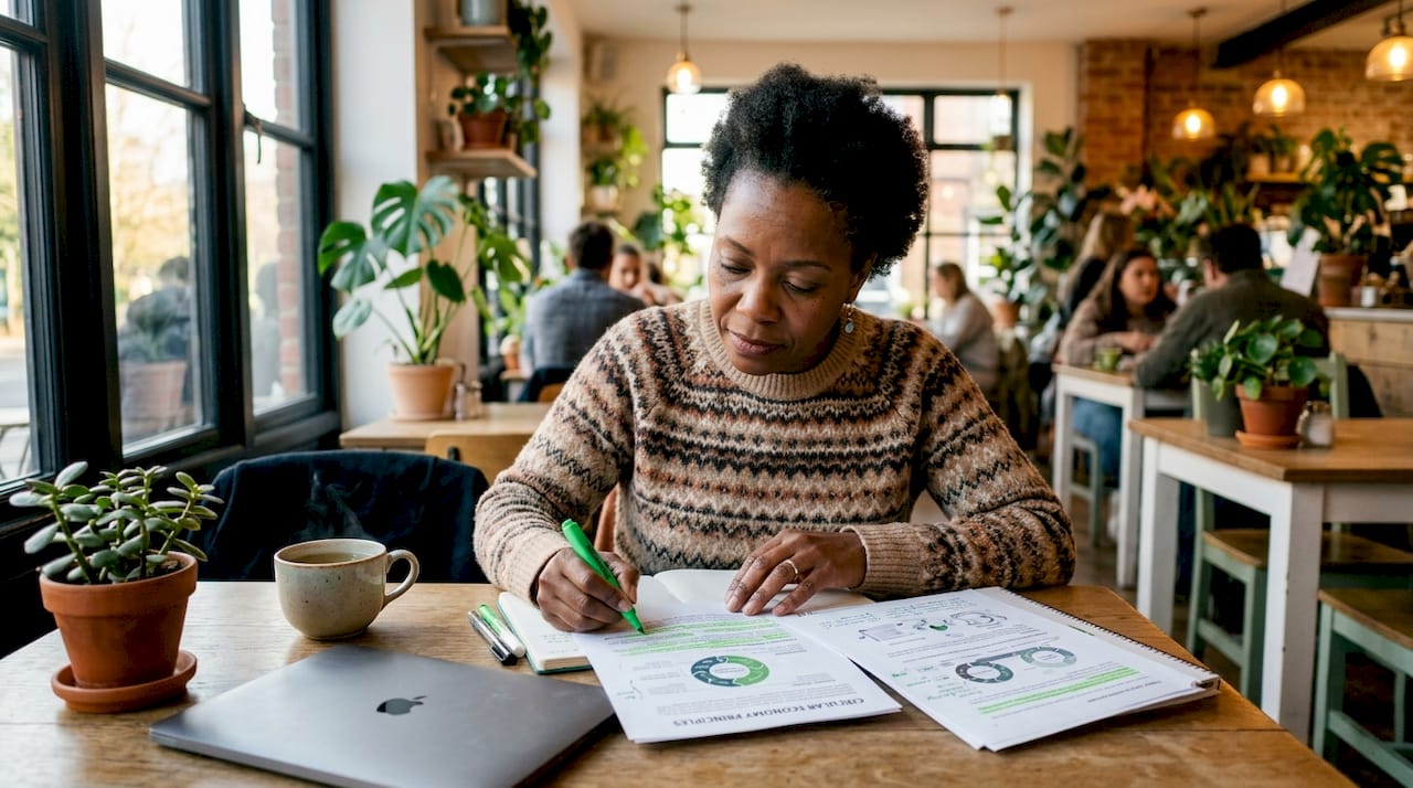 Person reviewing sustainable innovation documents at desk