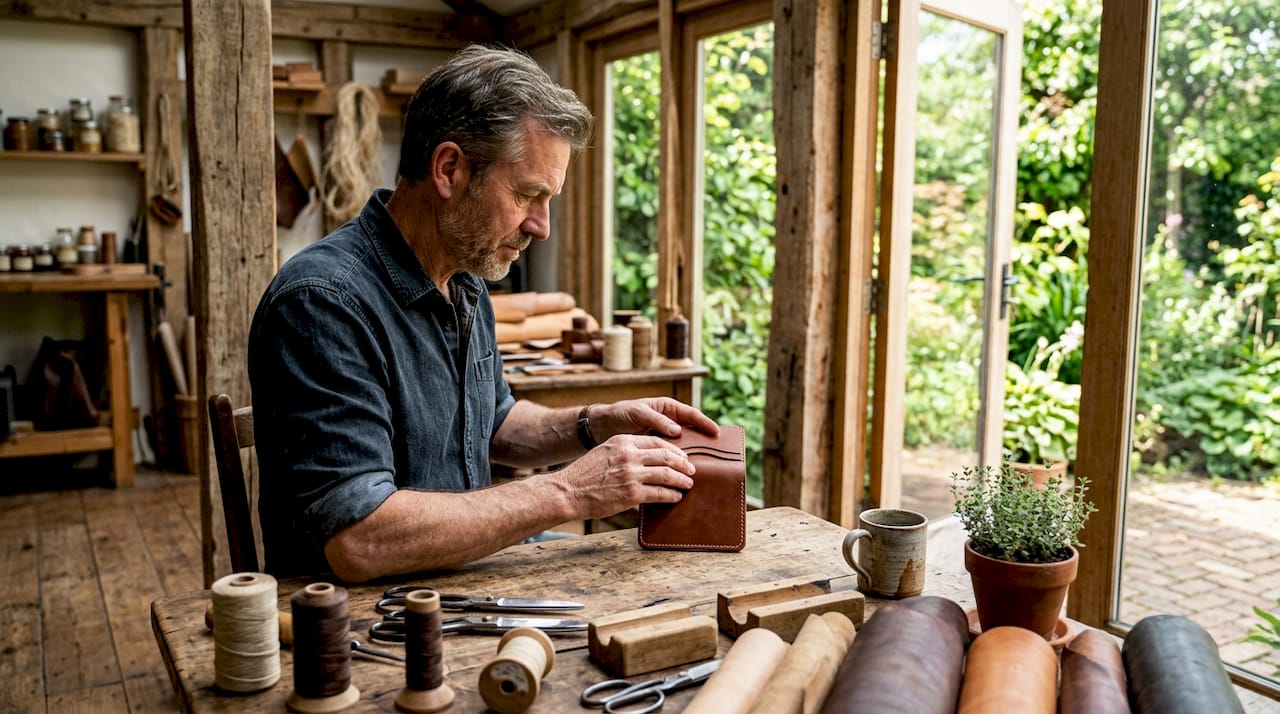 Craftsman inspecting eco luxury wallet in workshop