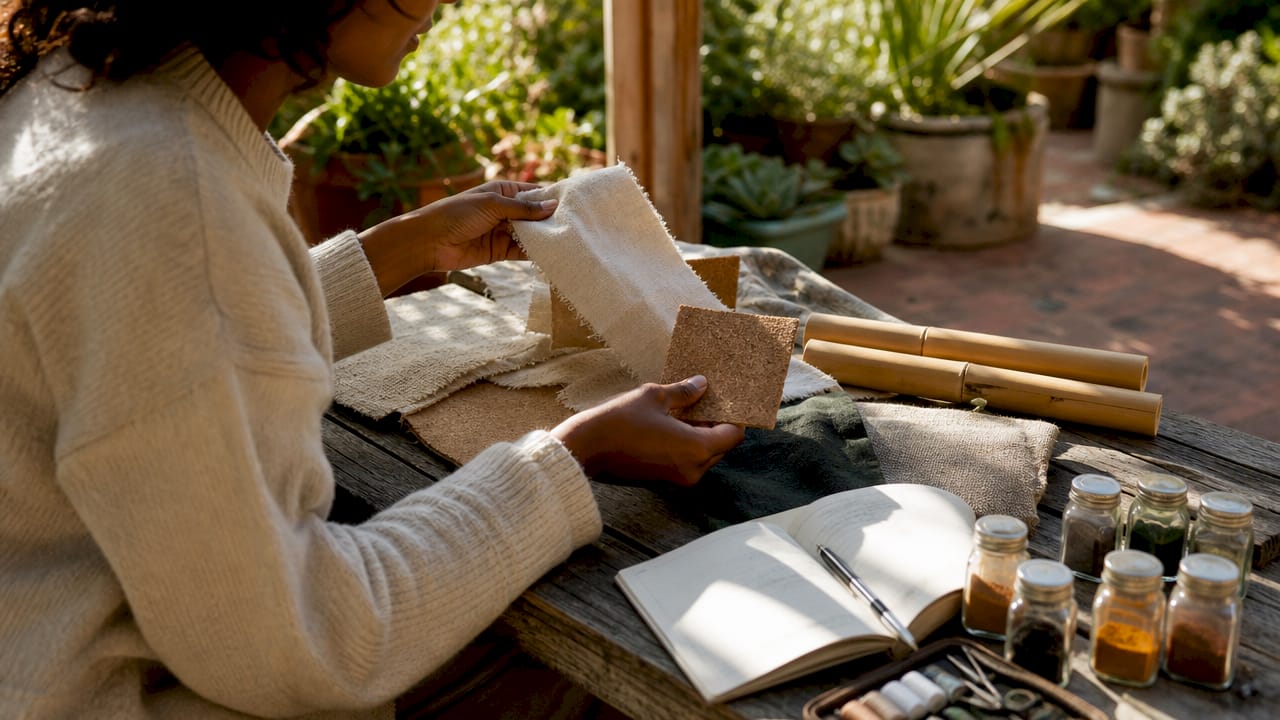 Hands touching sustainable gift materials on table