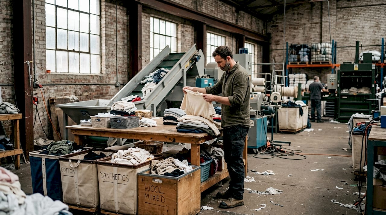 Overhead view of textile recycling workshop