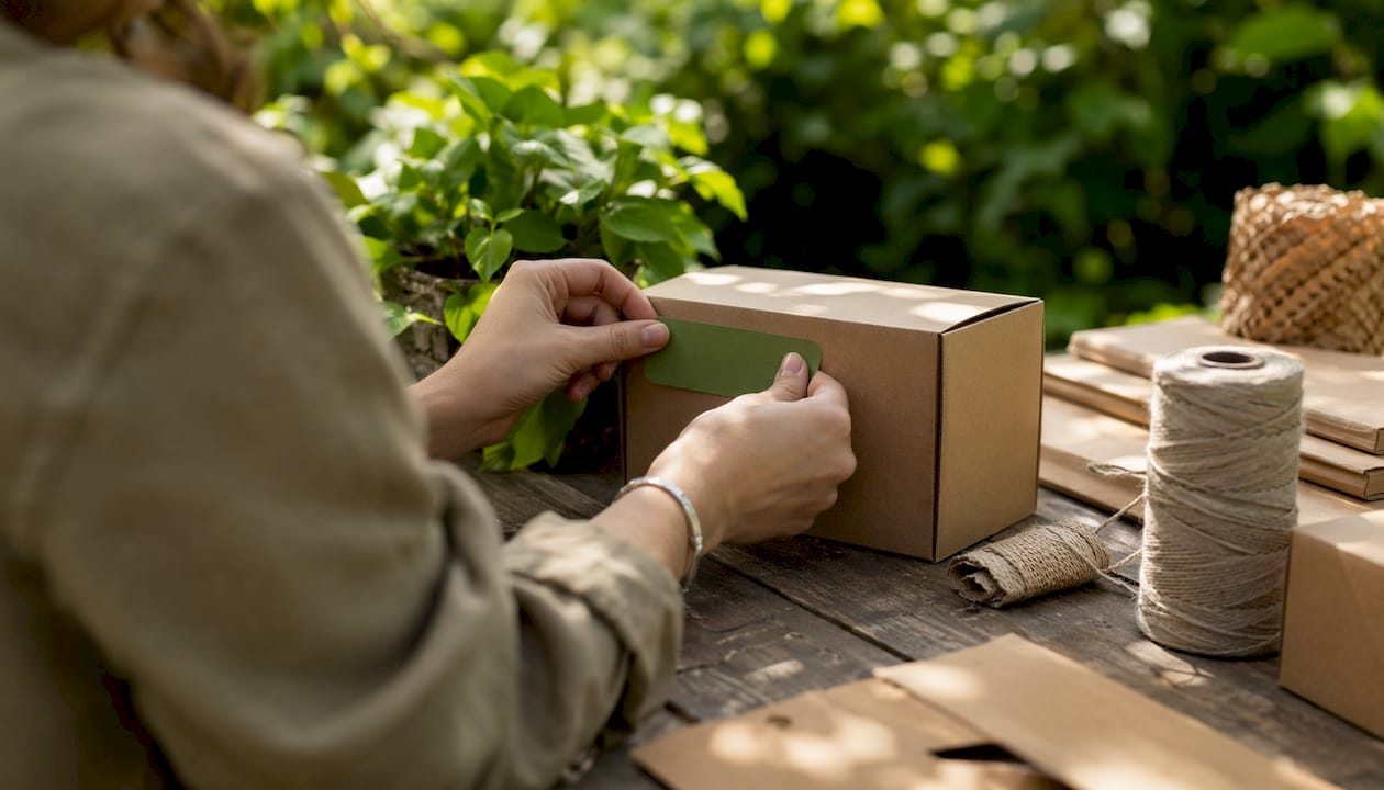 Hands labeling eco-friendly product packaging