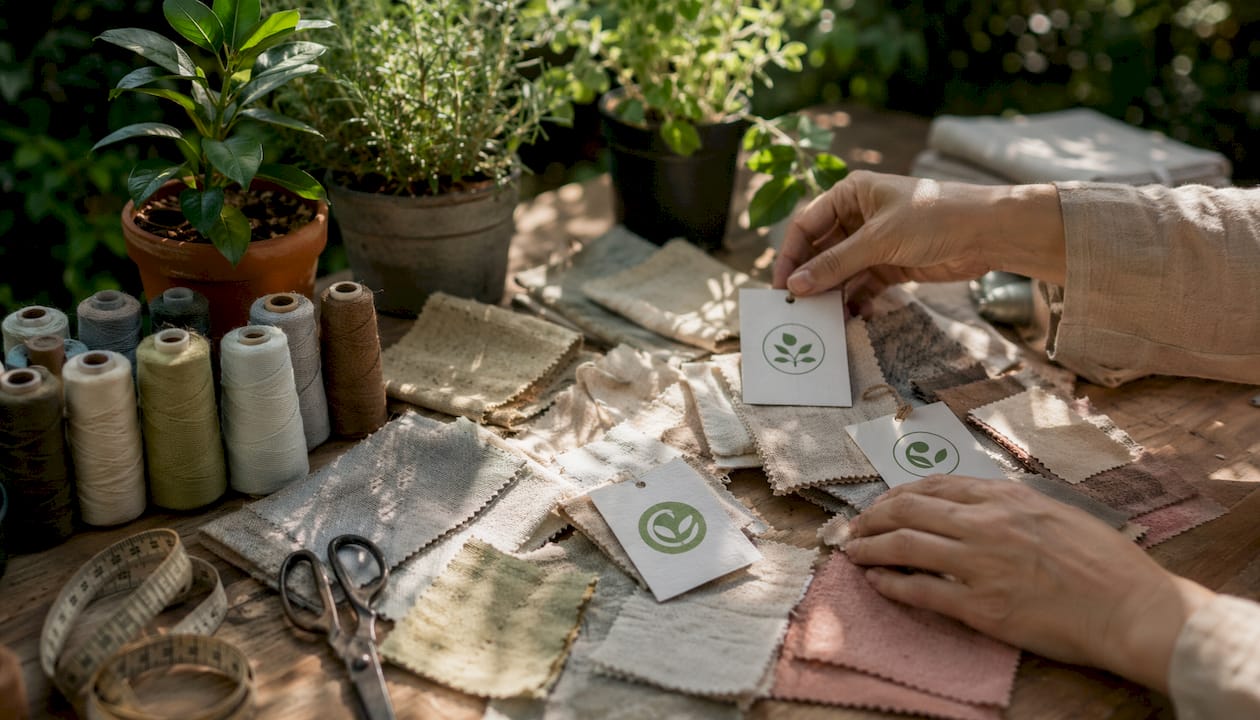 Hands arranging organic fabric samples and certification labels