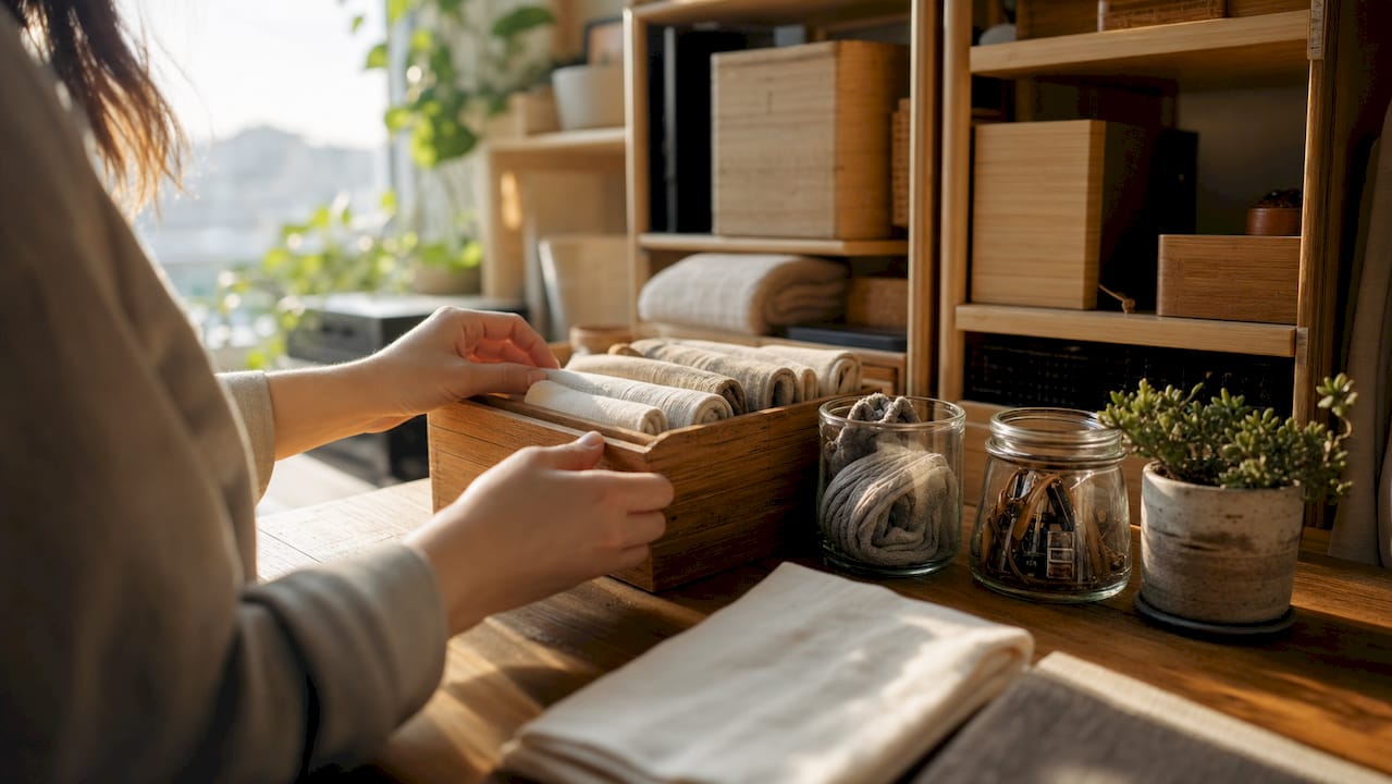 Hands organizing eco-friendly closet storage items