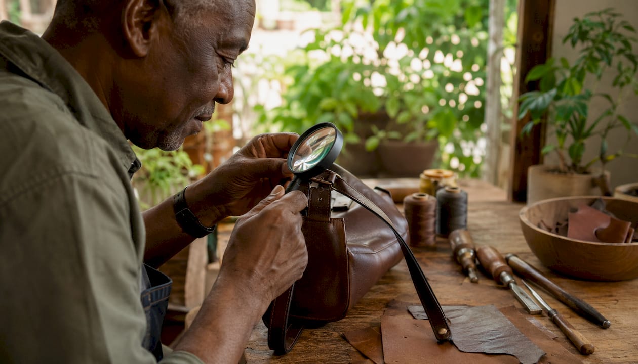 Hands inspecting purse durability closely
