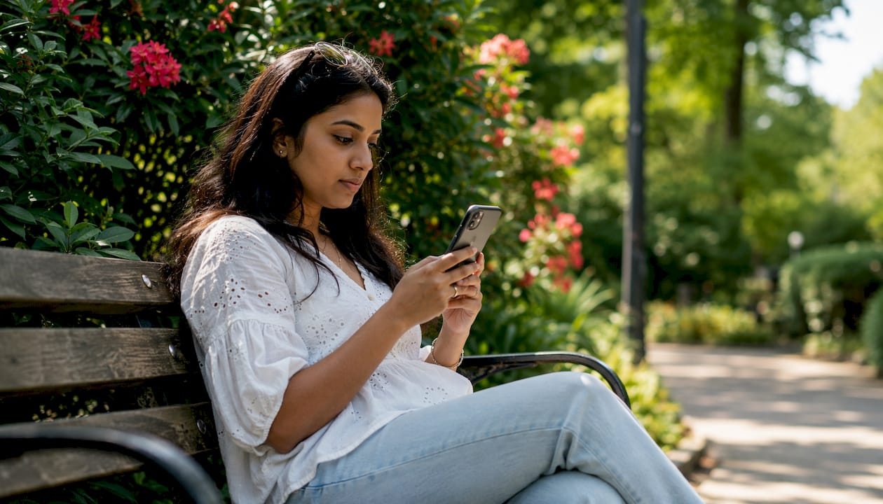 Woman checking ethical purse reviews on phone