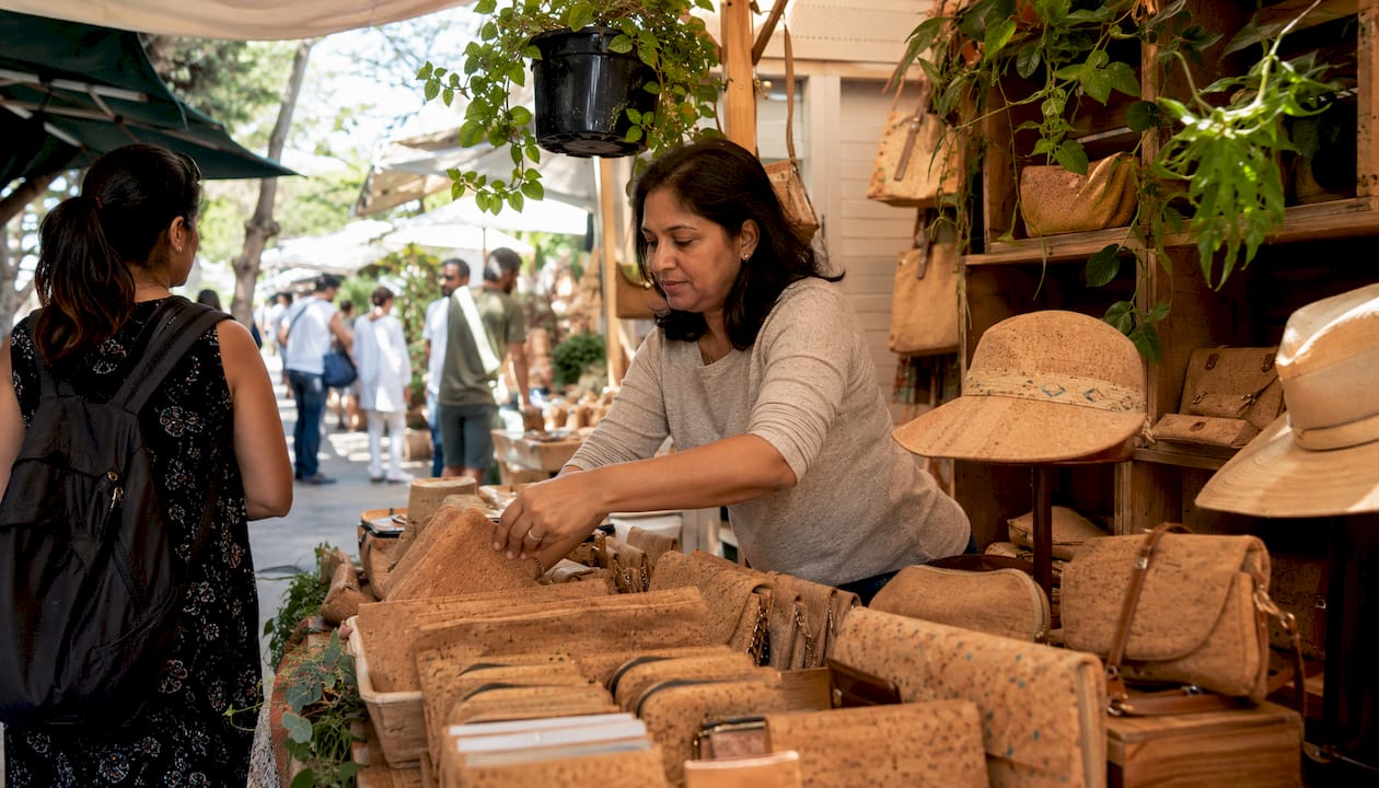 Boutique worker displaying cork accessories