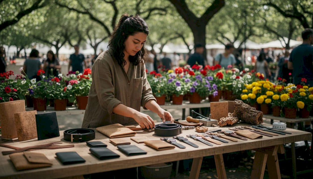 Close-up of cork sustainable fashion accessories on table