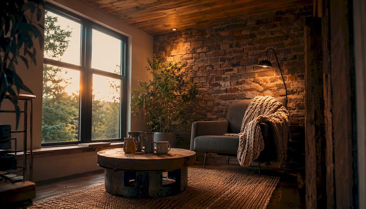 Minimalist living room with natural stone and wood