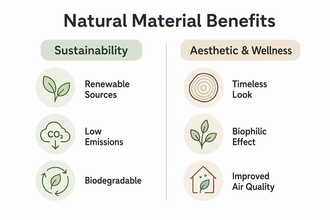 Infographic comparing sustainability and wellness benefits of natural materials