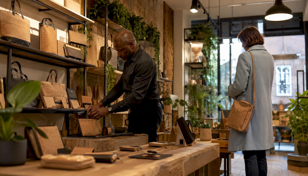 Boutique displaying cork vegan accessories UK